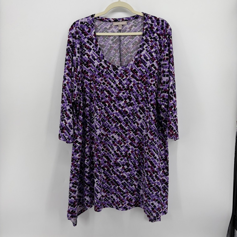 Woman Within Womens 1X Purple Geometric Tunic V-Neck 3/4 Sleeve Top